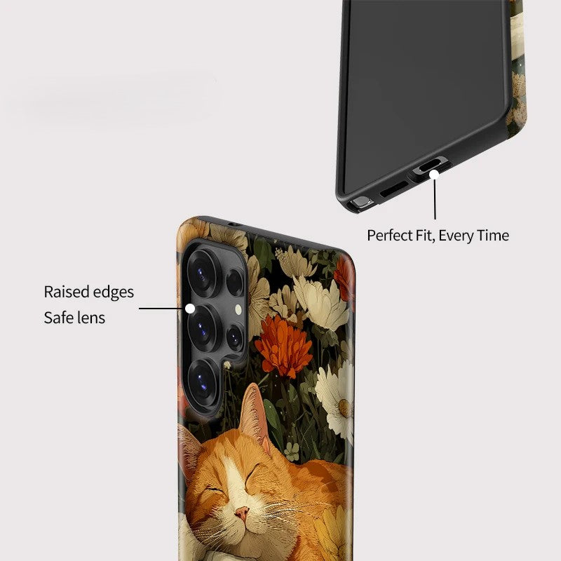 Flower Cat Pattern Dual-Layer Acrylic TPU Shockproof Case for Samsung Galaxy S23–S25 Series