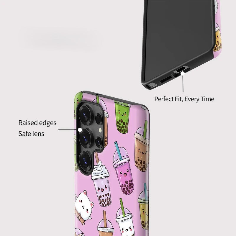 Cute Cat Milk Tea Pattern Shockproof Case for Samsung Galaxy S23–S25 Series