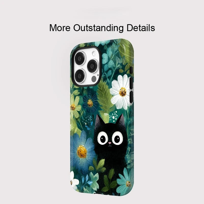 Lovely Black Cat and Flowers Pattern MagSafe Shockproof iPhone Case for iPhone 11–16 Pro Max