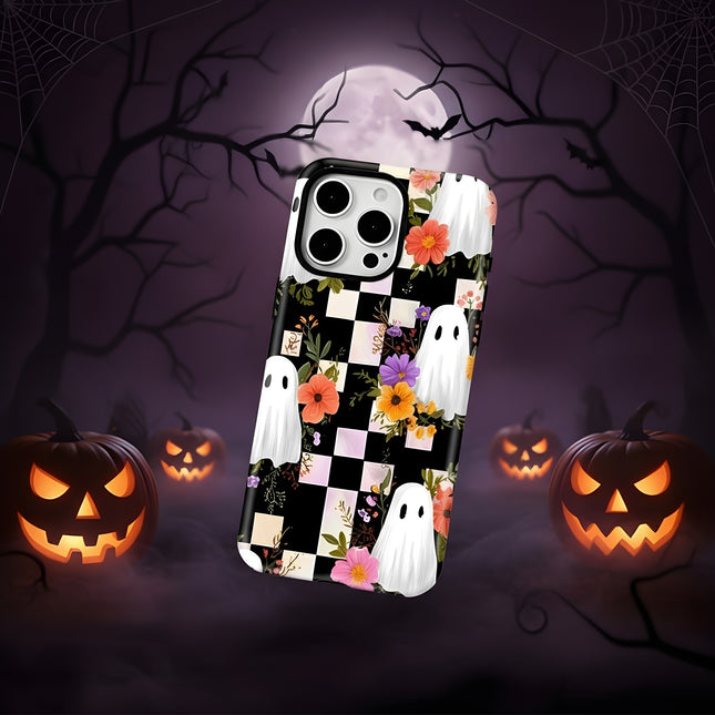 Ghost Flower Grid Pattern MagSafe Case for iPhone 11–16 Pro Max