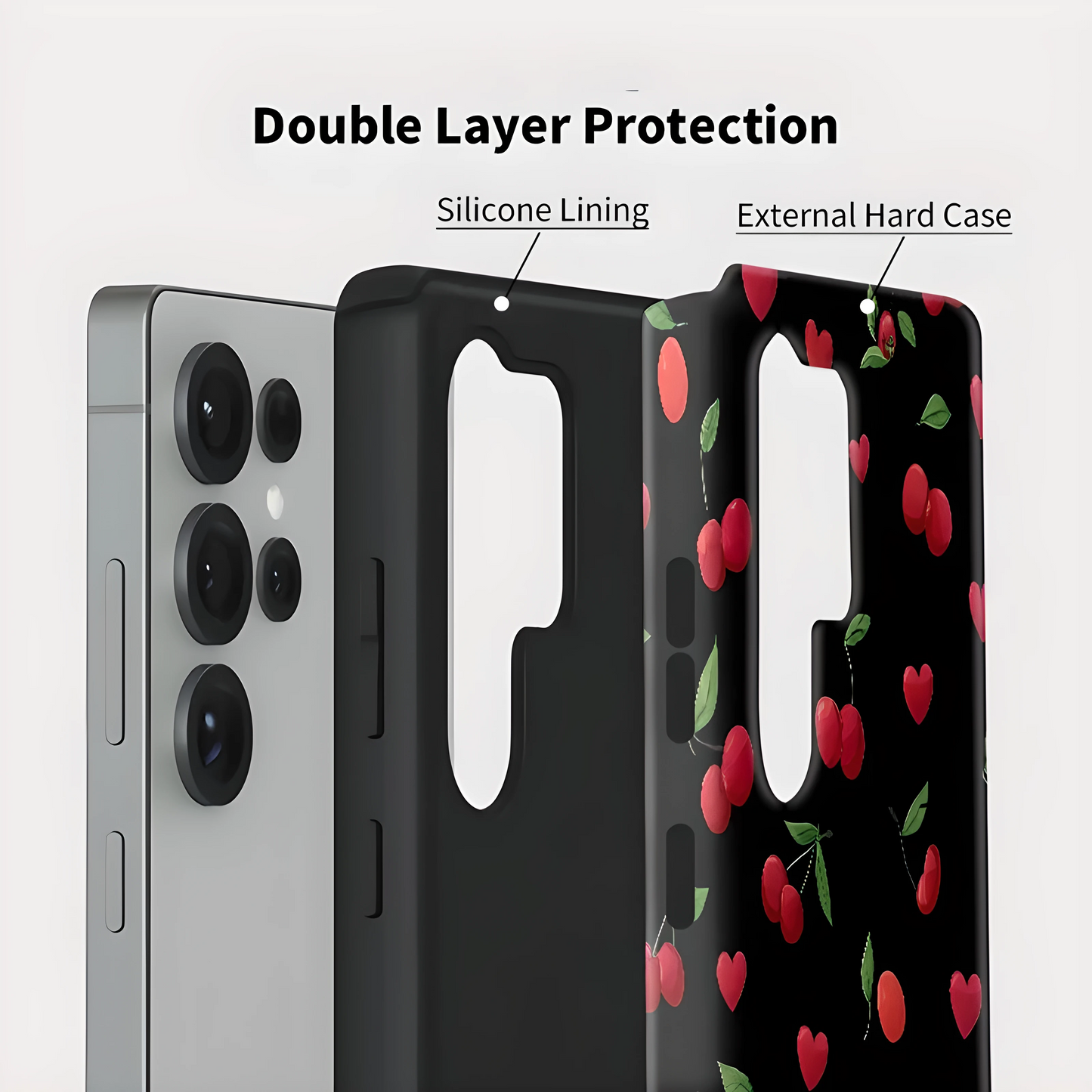 Cherry Heart Pattern Silicone Shockproof Case for Samsung Galaxy S23–S25 Series