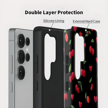 Cherry Heart Pattern Silicone Shockproof Case for Samsung Galaxy S23–S25 Series