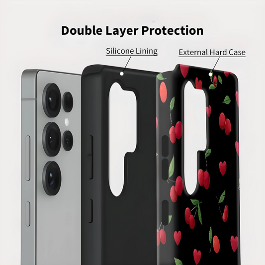 Cherry Heart Pattern Silicone Shockproof Case for Samsung Galaxy S23–S25 Series
