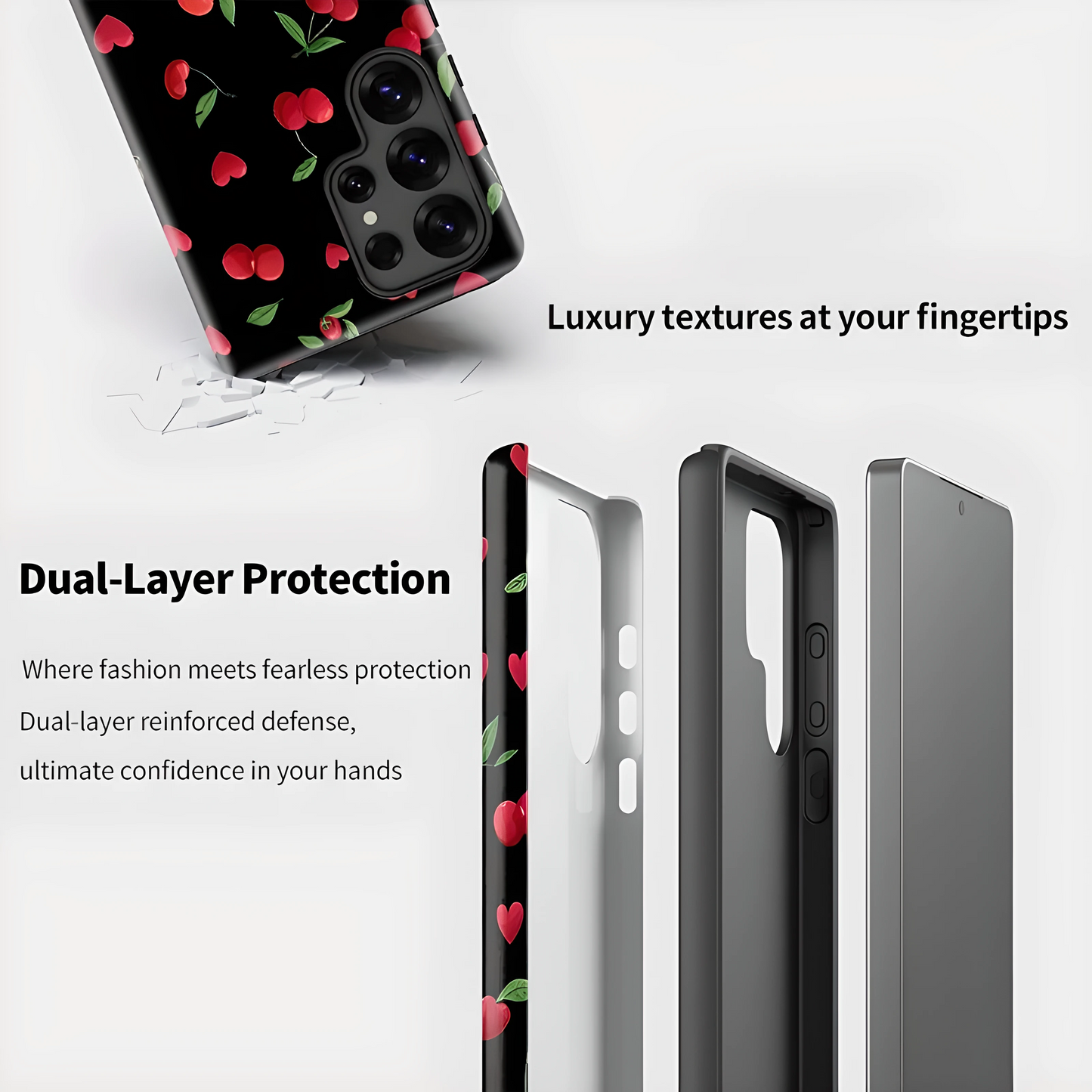 Cherry Heart Pattern Silicone Shockproof Case for Samsung Galaxy S23–S25 Series