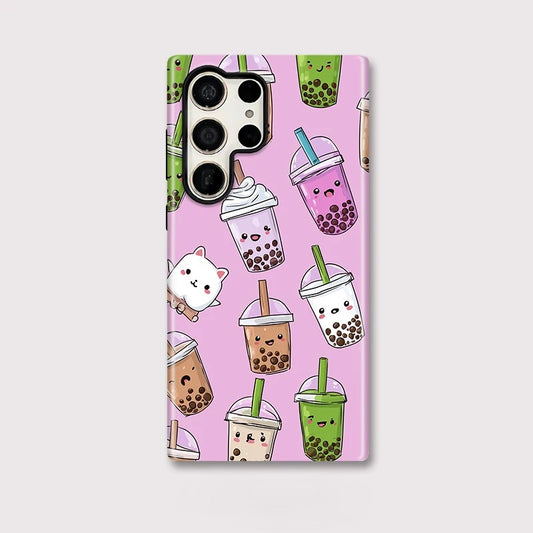 Cute Cat Milk Tea Pattern Shockproof Case for Samsung Galaxy S23–S25 Series