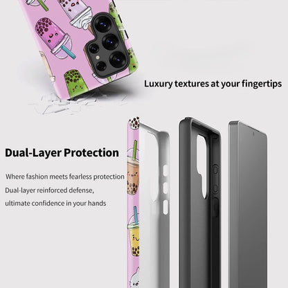 Cute Cat Milk Tea Pattern Shockproof Case for Samsung Galaxy S23–S25 Series