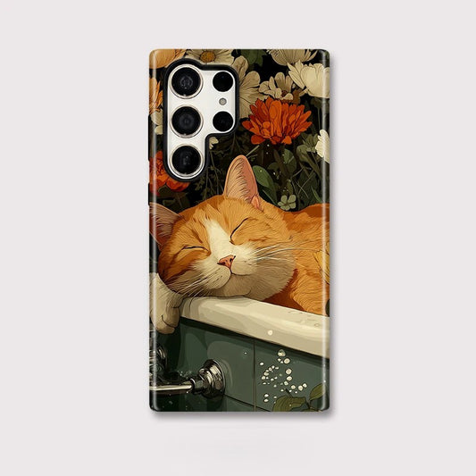 Flower Cat Pattern Dual-Layer Acrylic TPU Shockproof Case for Samsung Galaxy S23–S25 Series