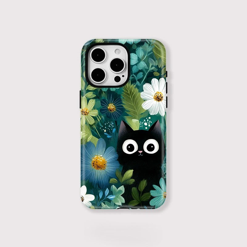 Lovely Black Cat and Flowers Pattern MagSafe Shockproof iPhone Case for iPhone 11–16 Pro Max