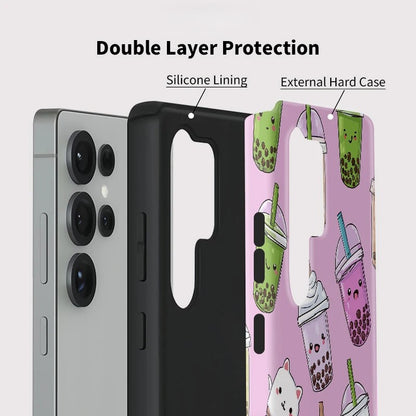 Cute Cat Milk Tea Pattern Shockproof Case for Samsung Galaxy S23–S25 Series