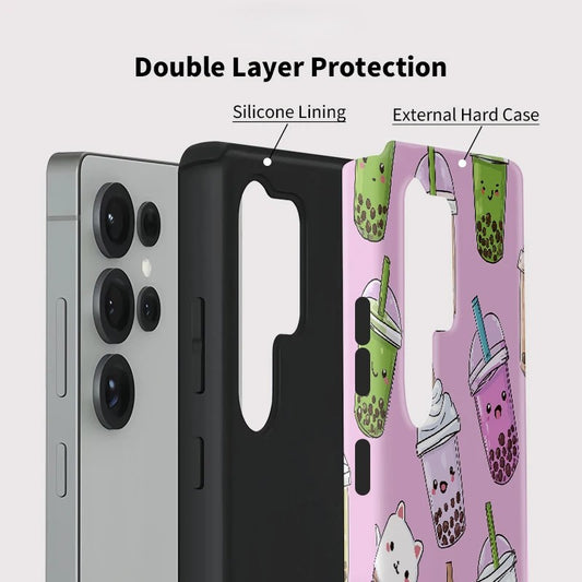 Cute Cat Milk Tea Pattern Shockproof Case for Samsung Galaxy S23–S25 Series
