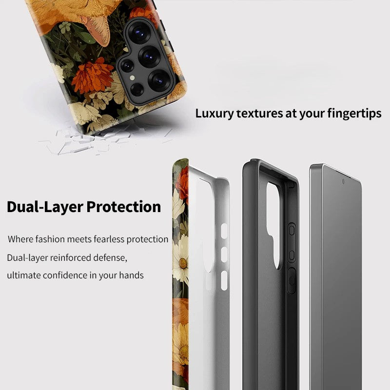 Flower Cat Pattern Dual-Layer Acrylic TPU Shockproof Case for Samsung Galaxy S23–S25 Series