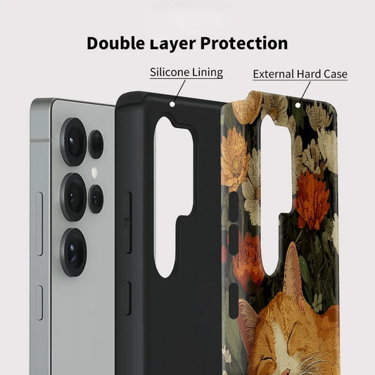 Flower Cat Pattern Dual-Layer Acrylic TPU Shockproof Case for Samsung Galaxy S23–S25 Series