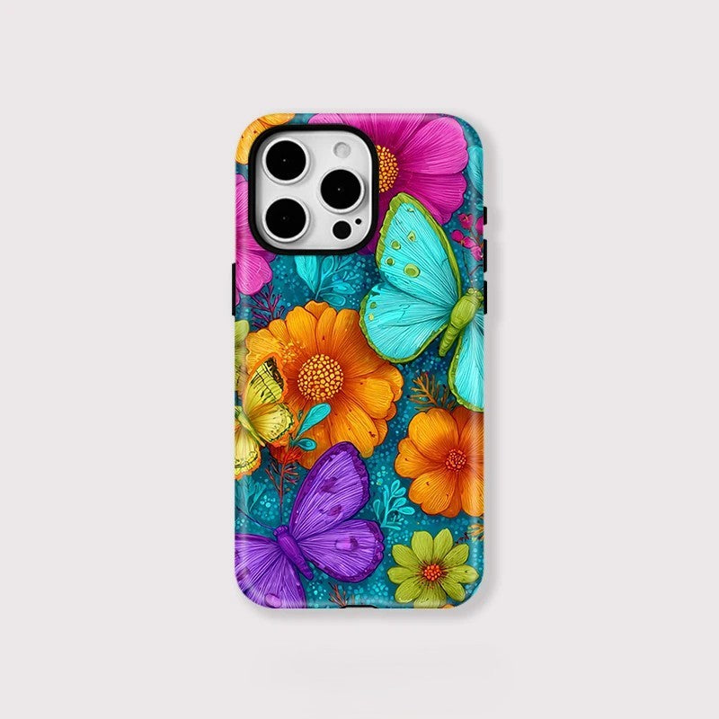 Flower and Butterfly Pattern Shockproof iPhone Case for iPhone 11–16 Pro Max