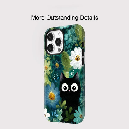 Lovely Black Cat and Flowers Pattern MagSafe Shockproof iPhone Case for iPhone 11–16 Pro Max