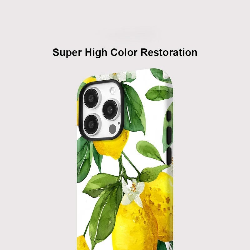 Lemon with Leaves Pattern MagSafe Shockproof iPhone Case for iPhone 11–16 Pro Max Plus