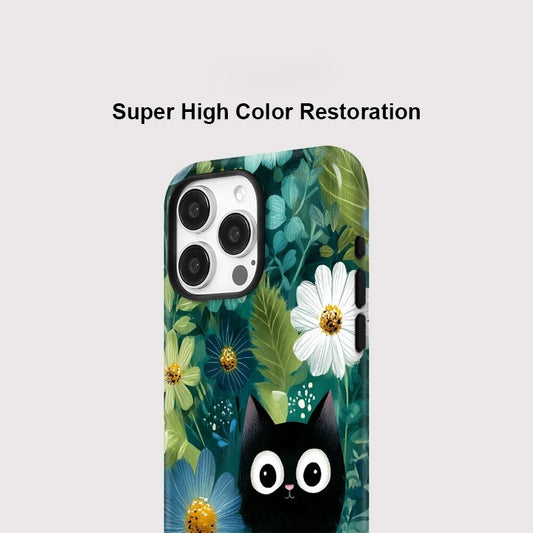 Lovely Black Cat and Flowers Pattern MagSafe Shockproof iPhone Case for iPhone 11–16 Pro Max